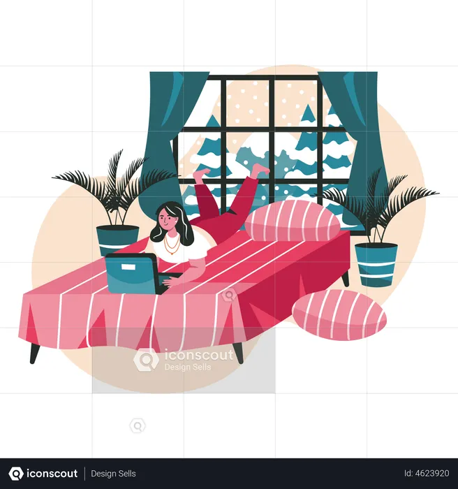 Young lady working on laptop while lying on bed  Illustration