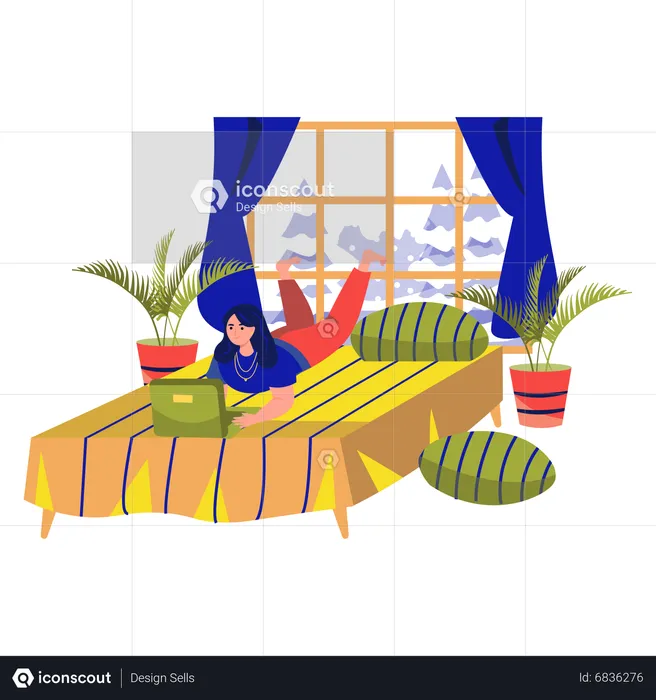 Young lady working on laptop while lying on bed  Illustration