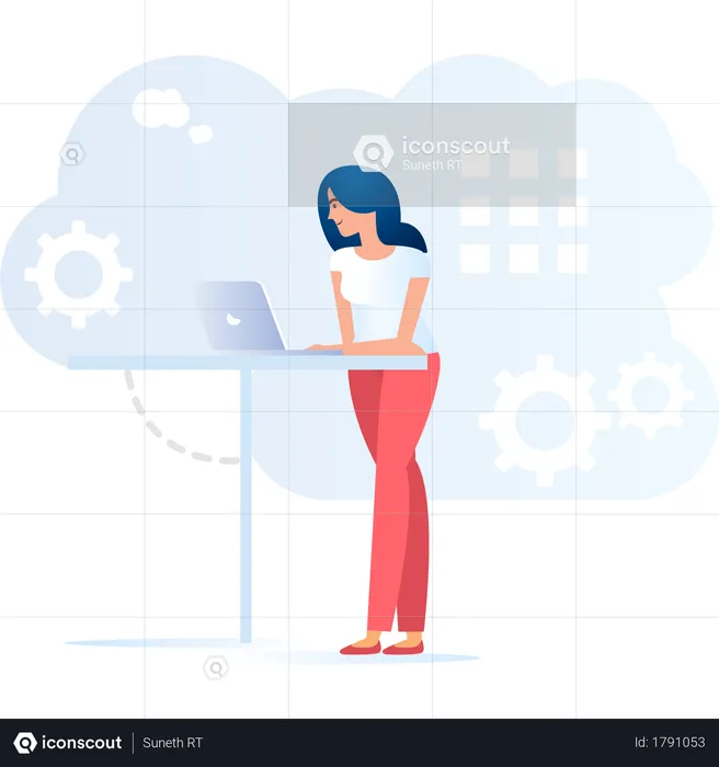 Young lady working on laptop with concept of business management  Illustration