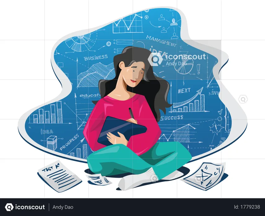 Young lady writing business blog with research in digital pad  Illustration