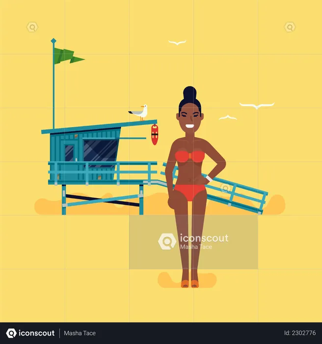 Young lifeguard woman standing on beach  Illustration