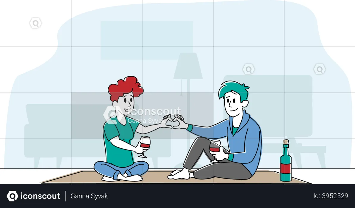 Young Loving Couple Characters Spend Time at Home Sitting on Floor Together Chatting, Drinking Wine Make Heart of Fingers  Illustration