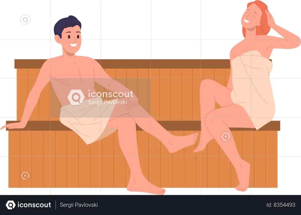 Young loving couple having nice conversation steaming in dry sauna  Illustration