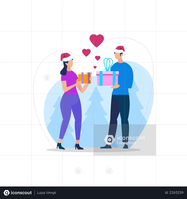 Young Loving Couple in Santa Hats  Illustration