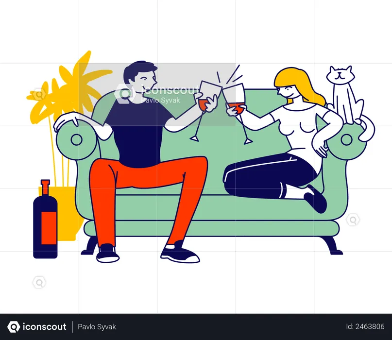 Young Loving Couple Spending Time at Home Sitting on Couch Together  Illustration