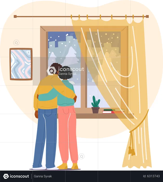 Young Loving Couple Stand at Window Hugging and Looking Through on Falling Snowflakes at Winter Day  Illustration
