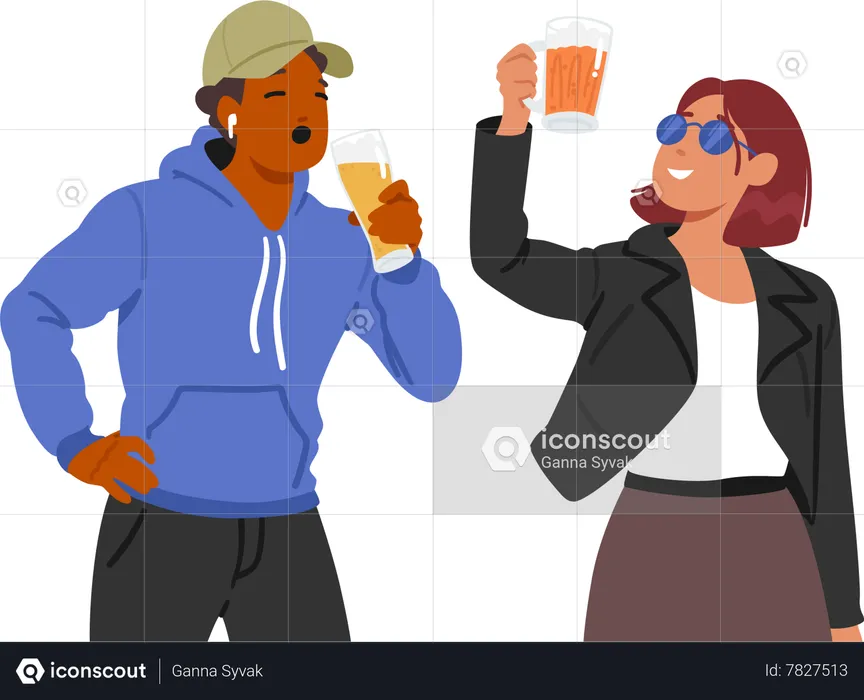 Young Male And Female Enjoy Beer Clinking Glasses  Illustration