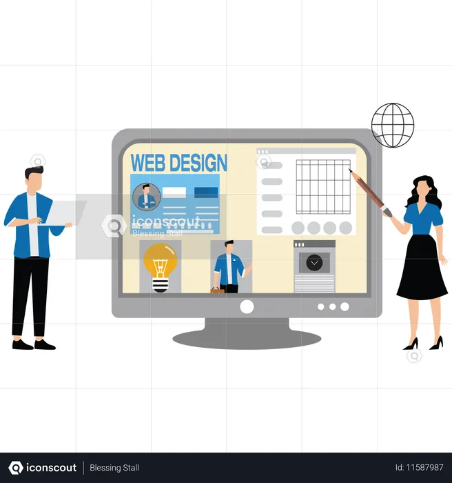 Young male and female working on web design  Illustration