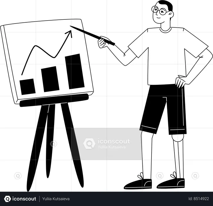 Young male employee makes presentation about company's success using chart  Illustration
