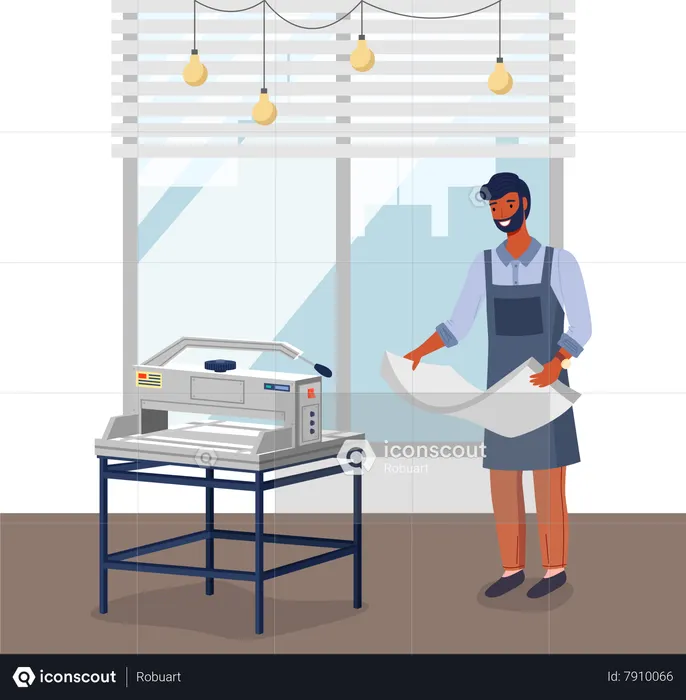 Young Male employee of printing house at work prepares paper for printing machine  Illustration