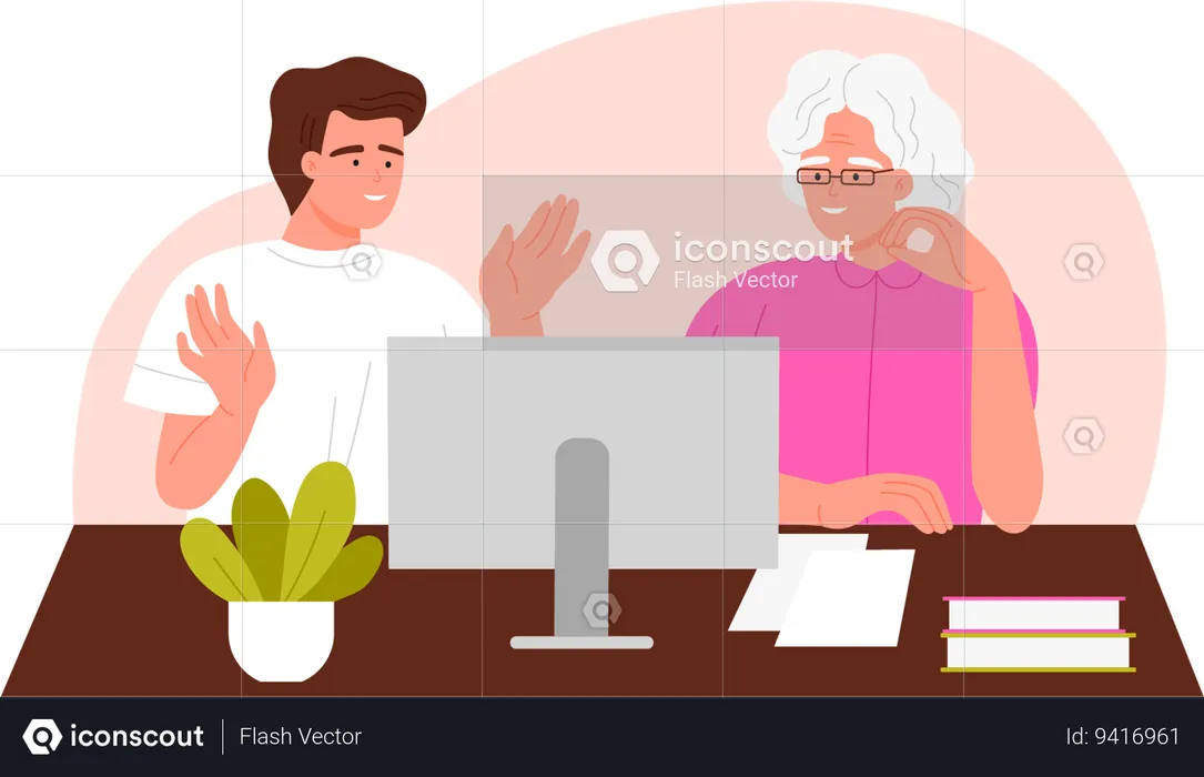 Young male helping Senior woman to Learn Computer  Illustration
