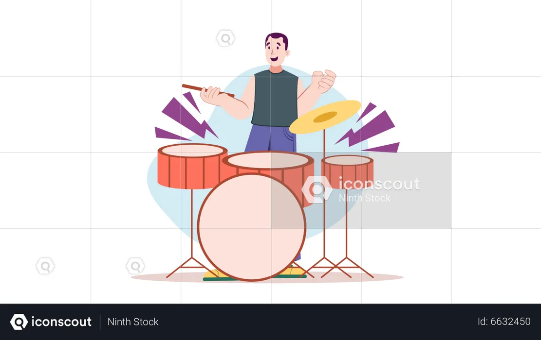 Young male playing drum with drum system  Illustration