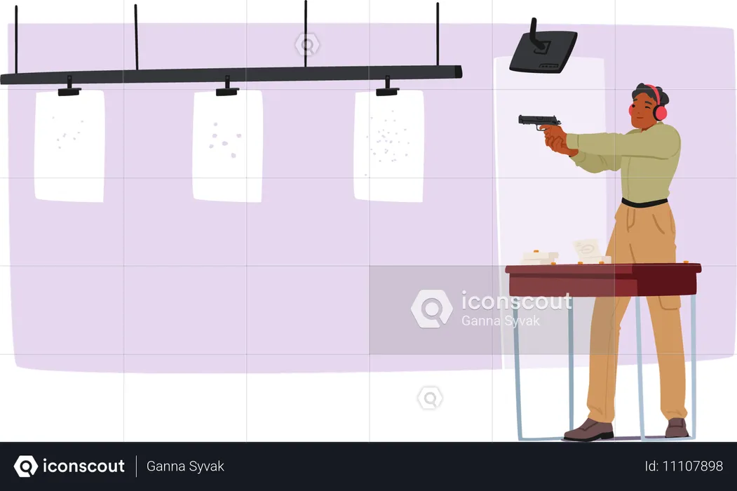 Young Male Practicing Shooting Skills At Indoor Gun Range  Illustration