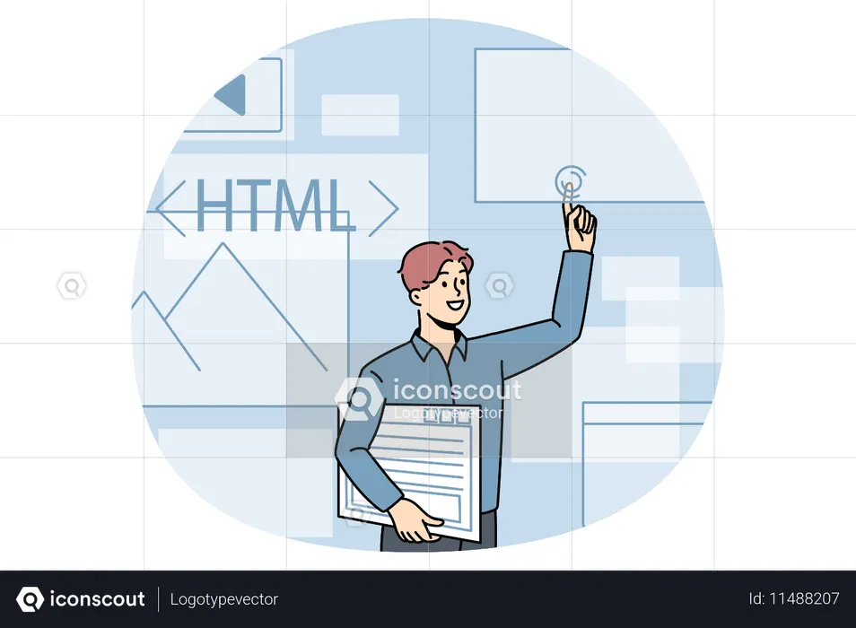 Young male programmer standing and pointing at emails html and graphics  Illustration