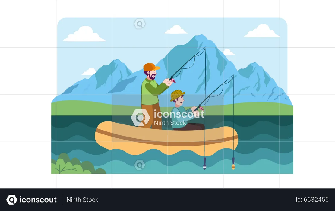 Young man and boy doing fishing  Illustration