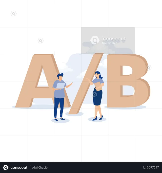 Young man and female programmer doing A and B testing  Illustration