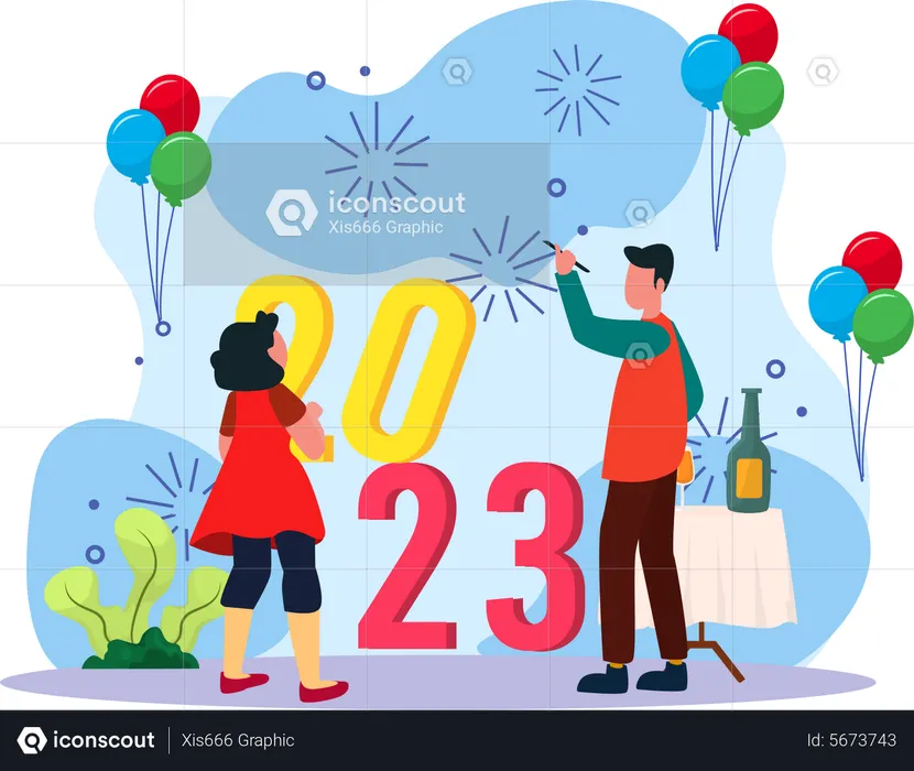 Young Man And Girl Doing New Year Decoration  Illustration