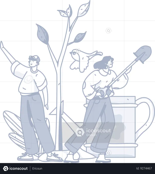 Young man and girl planting palnt  Illustration