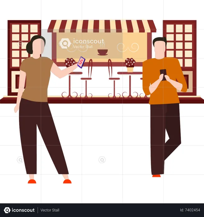 Young man and girl standing in cafe  Illustration