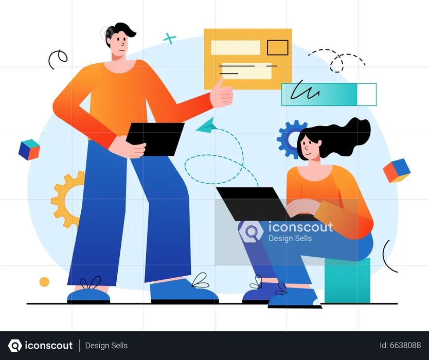 Young man and girl working on business strategy  Illustration
