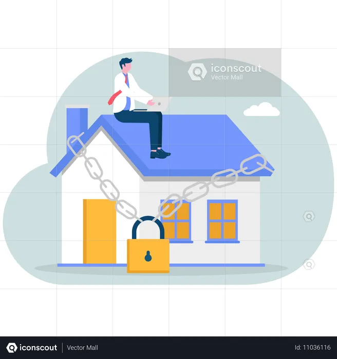 Young man and house locked with padlock  Illustration