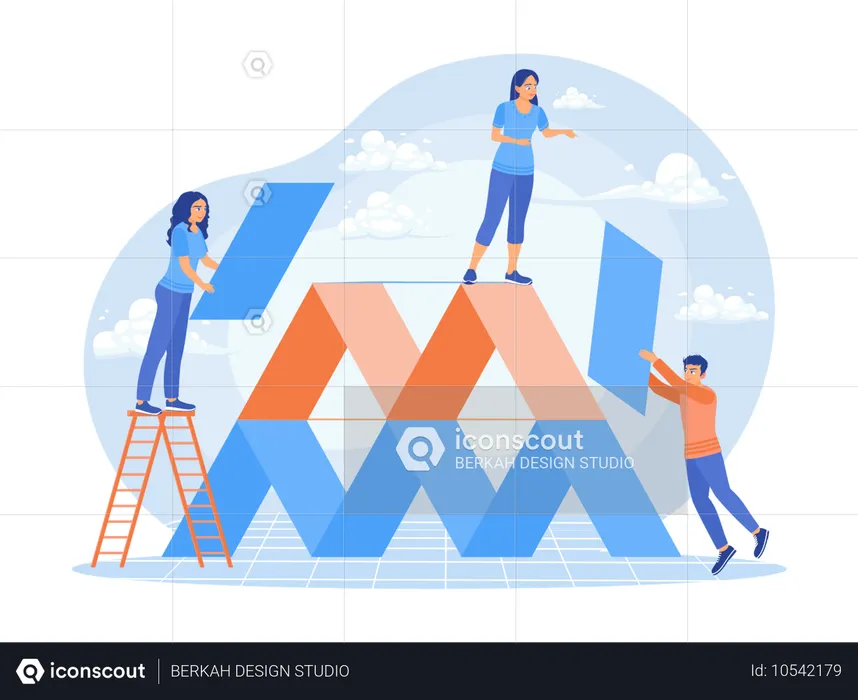 Young man and woman build pyramid from pile of planks  Illustration