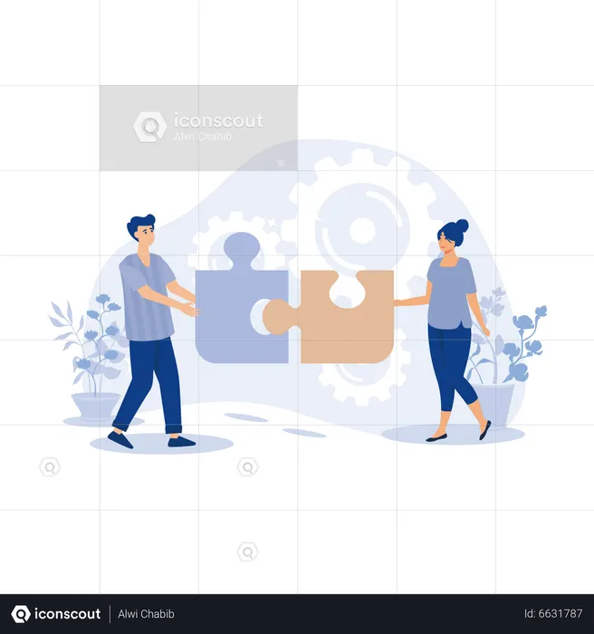 Young man and woman connect jigsaw piece  Illustration
