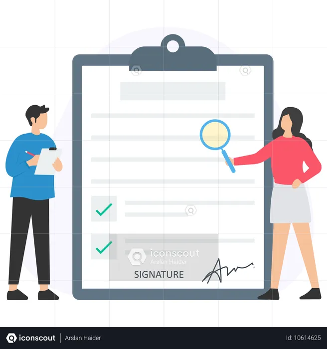 Young man and woman doing Contract Review  Illustration