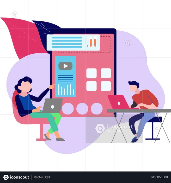 Young man and woman doing online analysis  Illustration