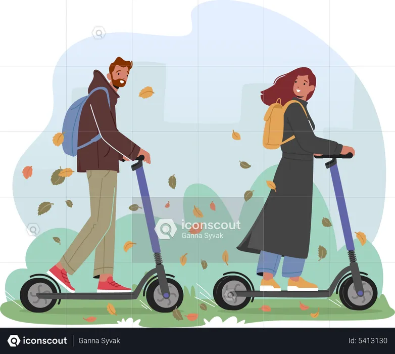 Young Man and Woman Driving Electric Scooters in City Park at Autumn Day  Illustration