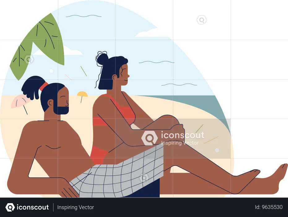 해변 휴가를 즐기는 젊은 남자와 여자  일러스트레이션