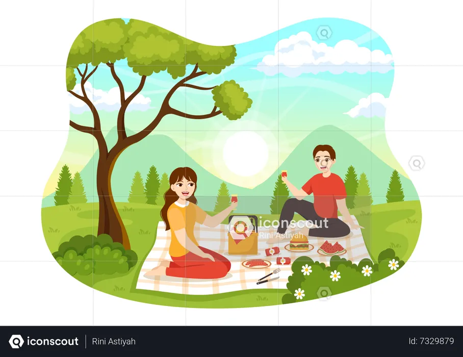 Young man and woman enjoying food at outdoor  Illustration