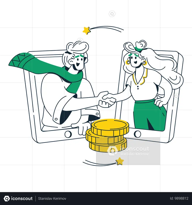 Young man and woman exchanged digital currency  Illustration