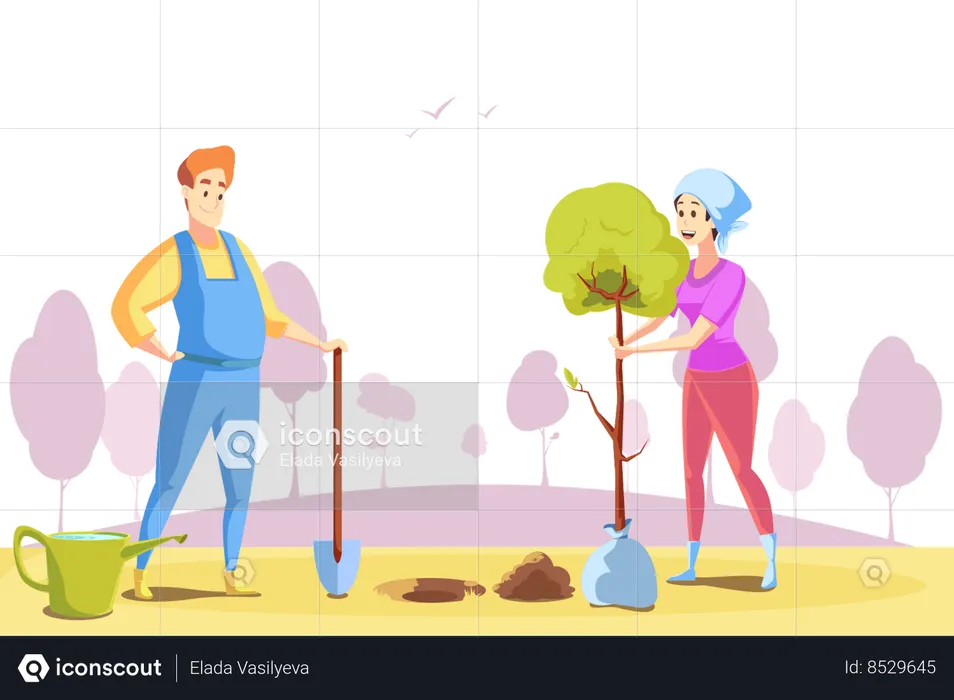Young man and woman farmers working at nature together  Illustration