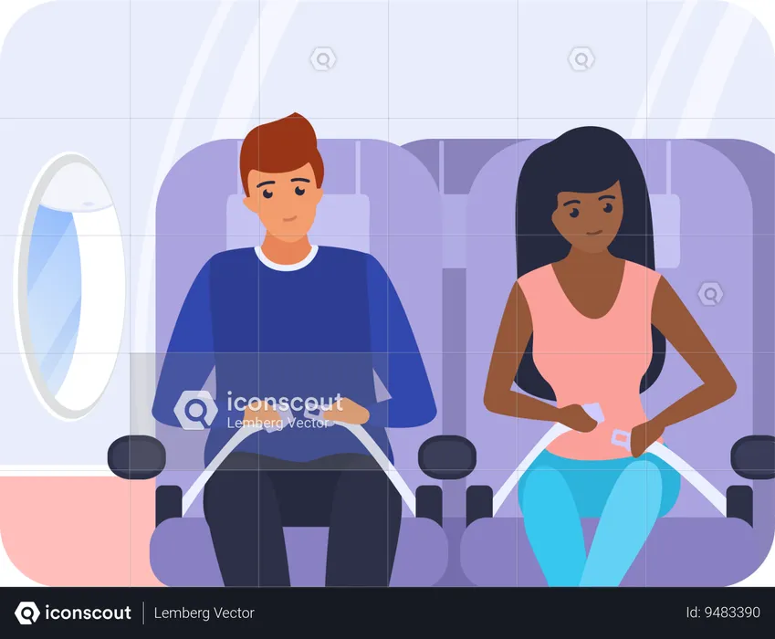 Young man and woman fastens seat belt on plane  Illustration