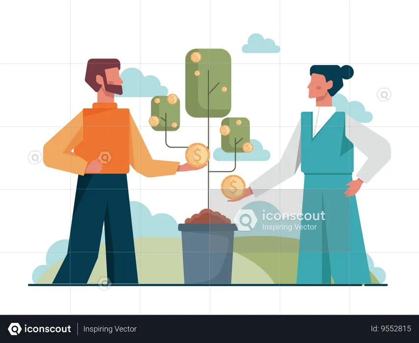 Young man and woman getting investment profit  Illustration