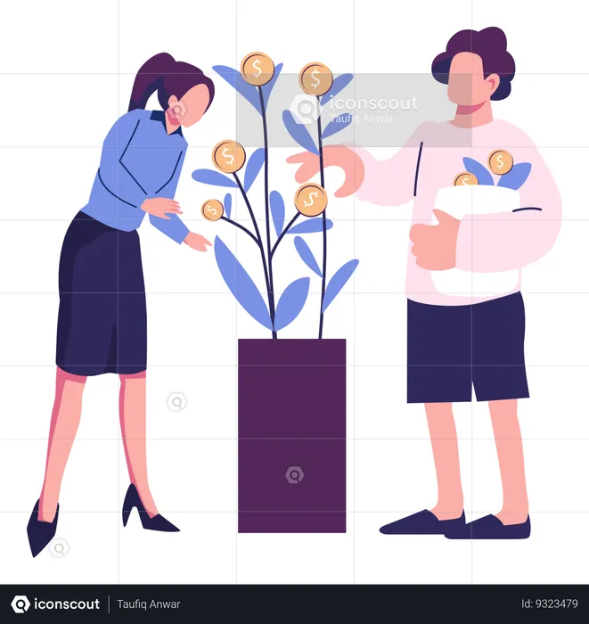 Young Man And Woman Harvesting Investment Returns  Illustration