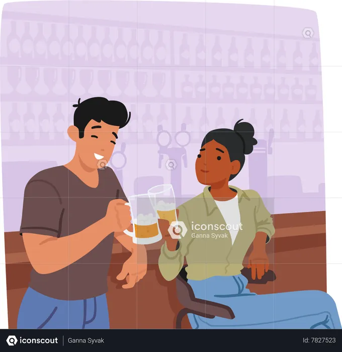 Young Man And Woman In Bar Enjoying Beer  Illustration