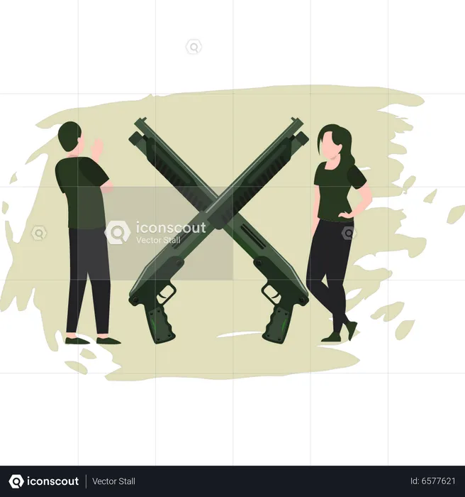 Young Man And Woman Looking At Guns  Illustration
