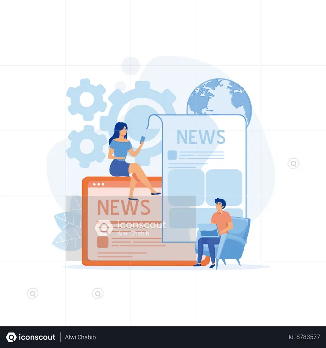 Young man and woman reading hot news  Illustration