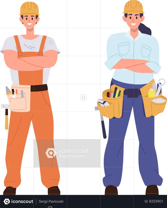 Young man and woman repair worker characters wearing uniform with tools belt on waist  Illustration