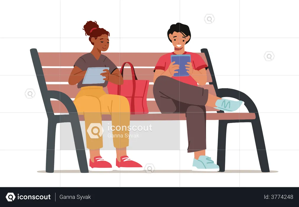 Young Man and Woman Sitting on Bench in Park with Gadgets  Illustration