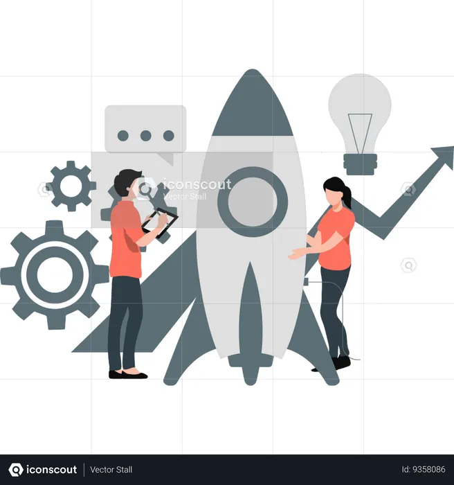 Young man and woman talking about startup rocket  Illustration