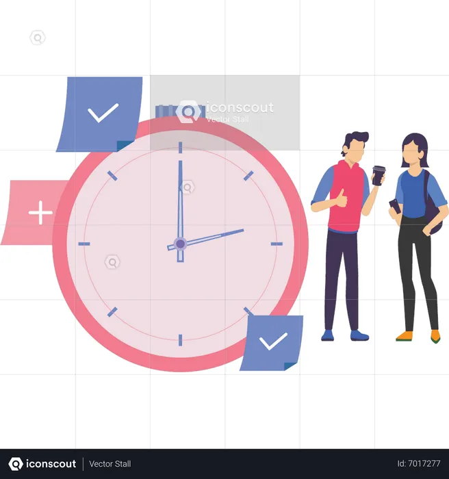 Young man and woman talking about time management  Illustration