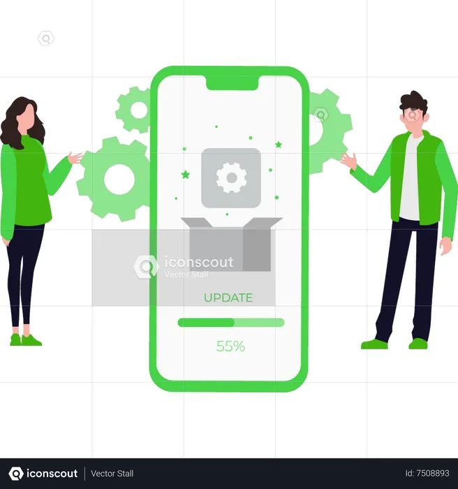Young man and woman update their phone  Illustration
