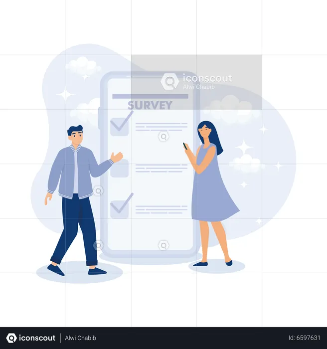 Young man and woman using smartphone to fill in online survey checklist  Illustration