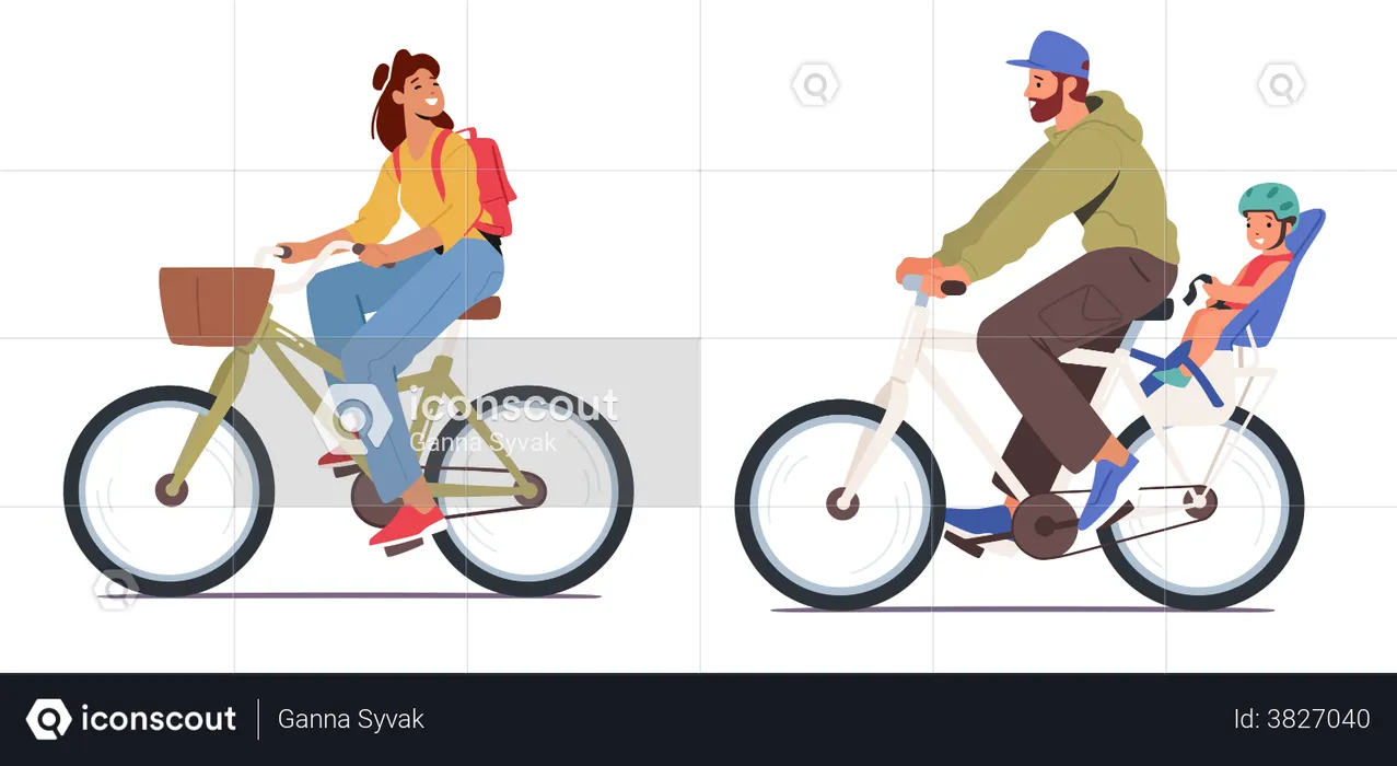 Young Man And Woman With Baby Riding Bikes  Illustration