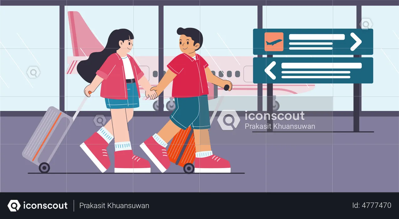 Young man and woman with backpack in airport  Illustration