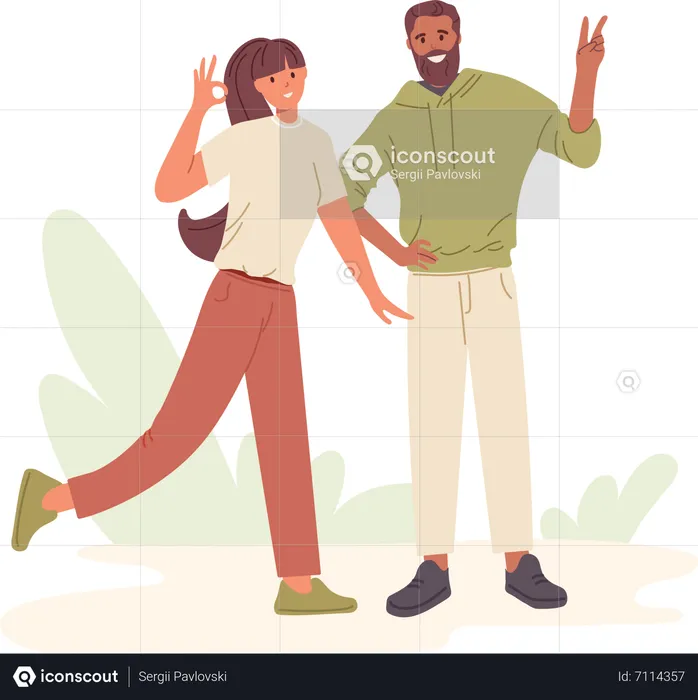 Young man and woman with positive gestures and feelings showing  Illustration
