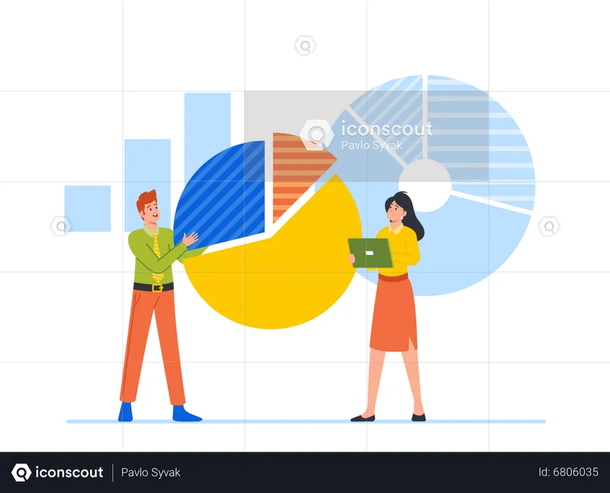 Young Man And Woman Working On Data Analysis Chart  Illustration